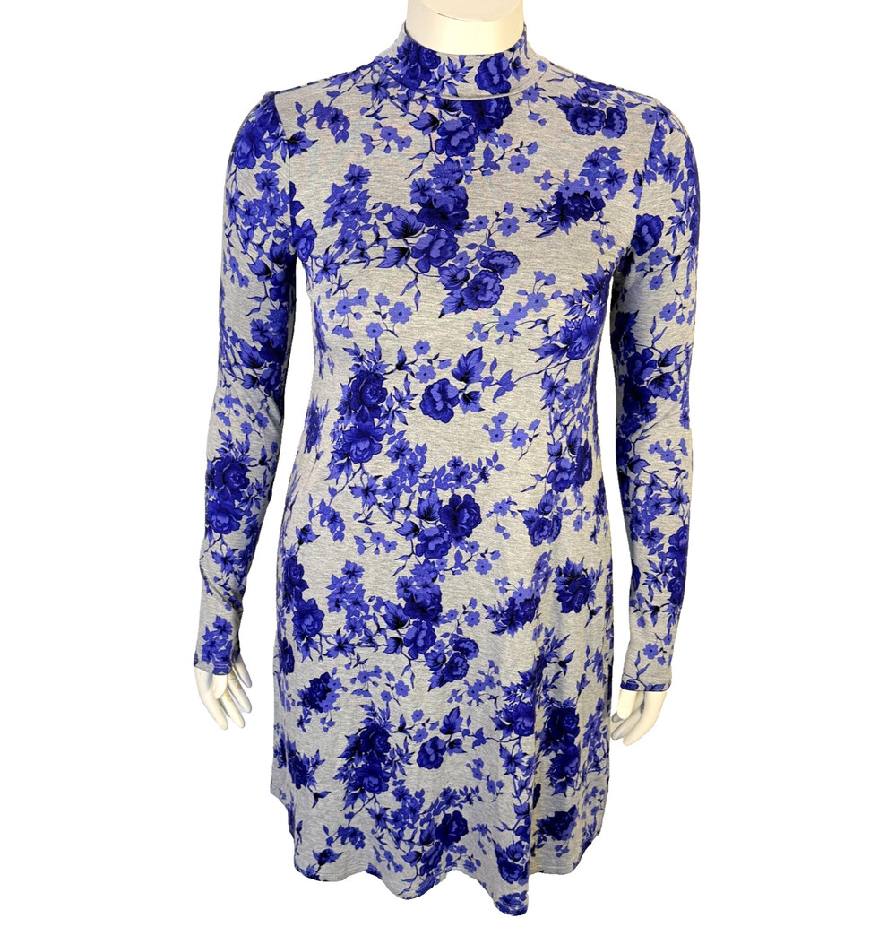 Kensie Mock Neck Midi Dress Women's XS Grey Purple Branching Roses Long Sleeve